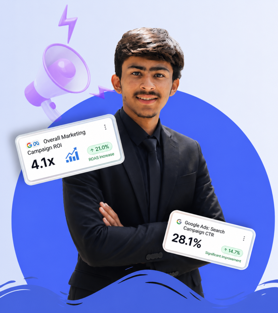 onfident digital marketing expert in a black suit surrounded by floating performance charts showing high ROI and Google Ads CTR metrics."