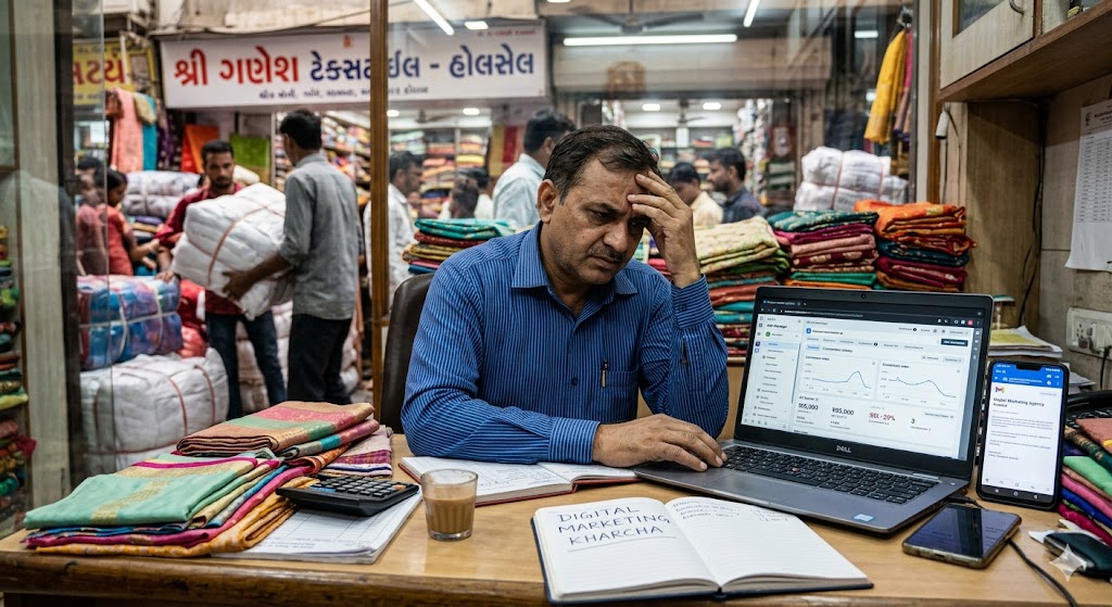 A stressed Indian textile business owner sitting inside his busy Surat wholesale shop, holding his head in frustration while looking at digital marketing analytics on a laptop and a notebook labeled "DIGITAL MARKETING KHARCHA".